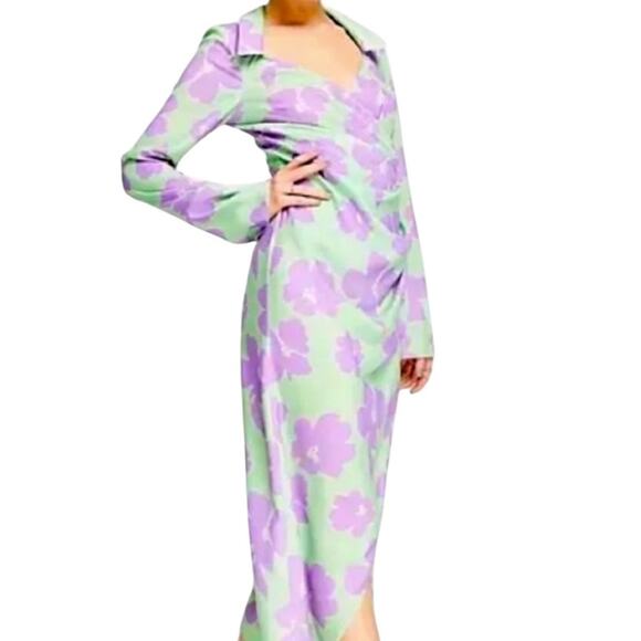 NWOT ASOS Design 70s Drape Front Wrap Midi Dress Green/Lilac Floral – Sz 4 - Picture 7 of 9